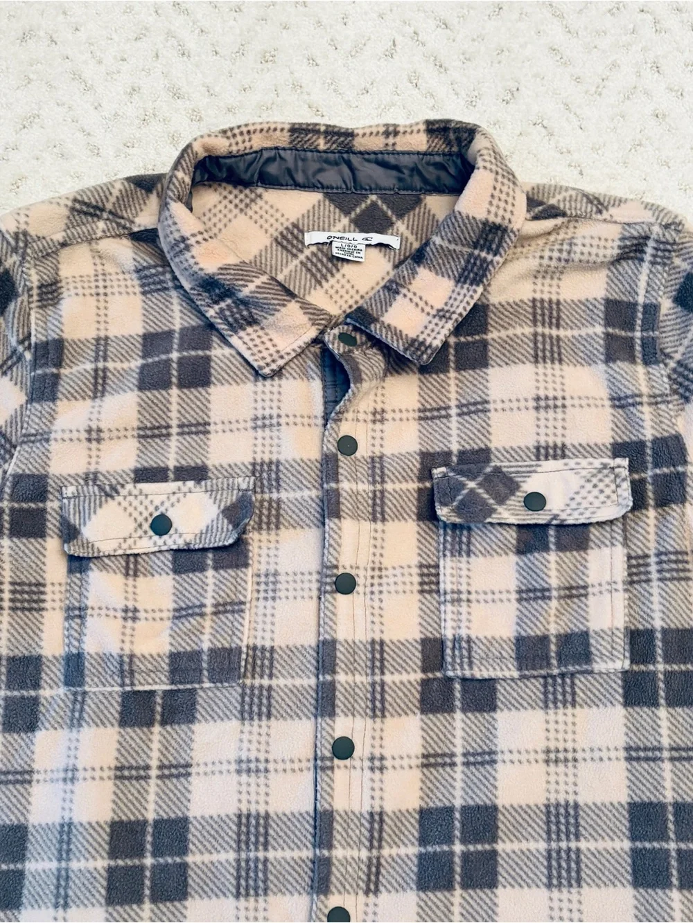 ONeill Soft Fleece Plaid Long Sleeve Snap Shirt Womens Large Pink Grey Pockets - Picture 6 of 13